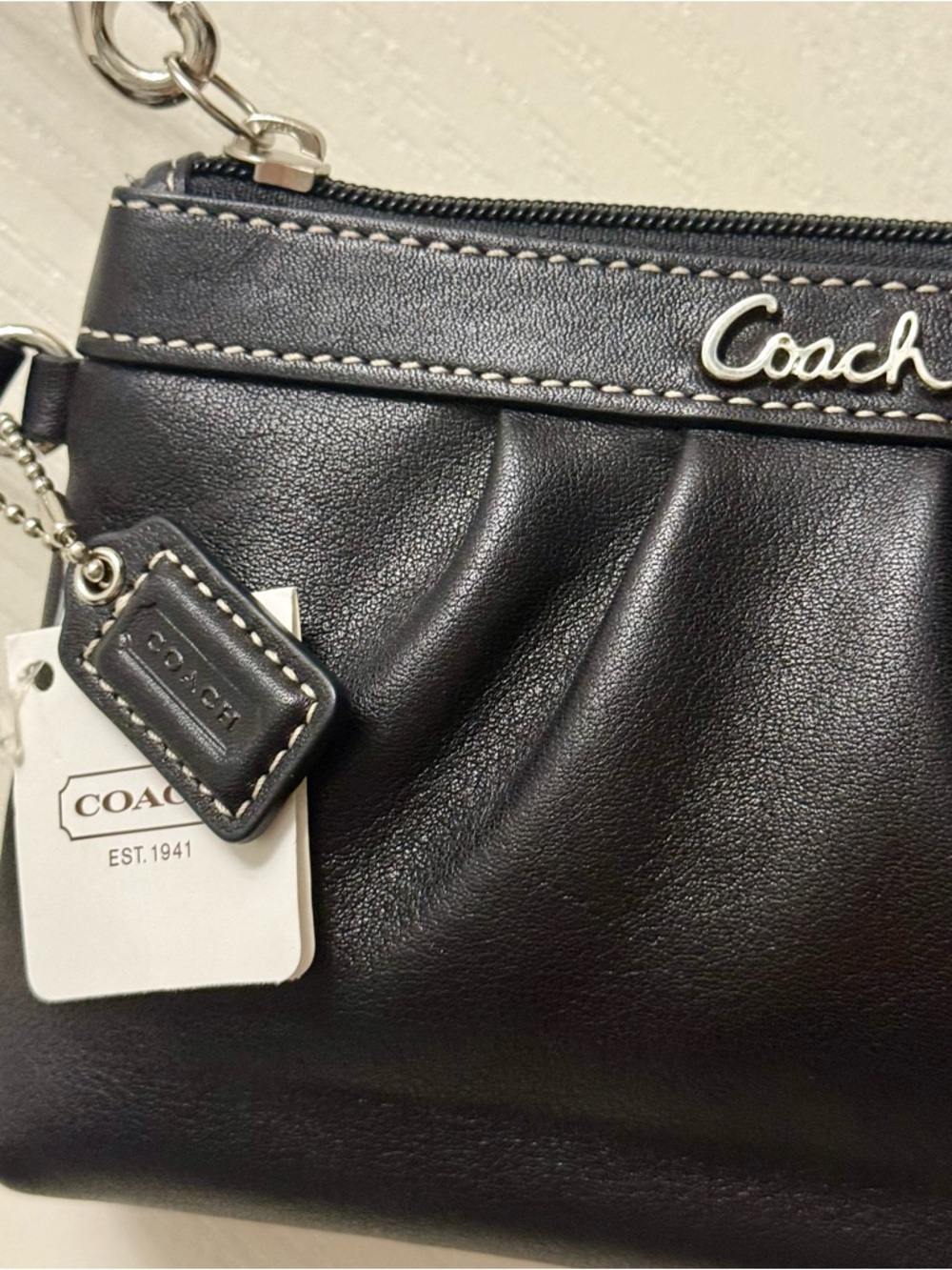 Coach Ashley Black Leather Wristlet with Silver Accents NWT